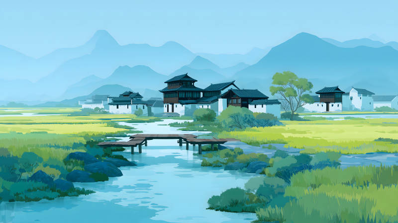 水鄉(xiāng)風(fēng)景橋梁建筑遠(yuǎn)山如黛-圖片