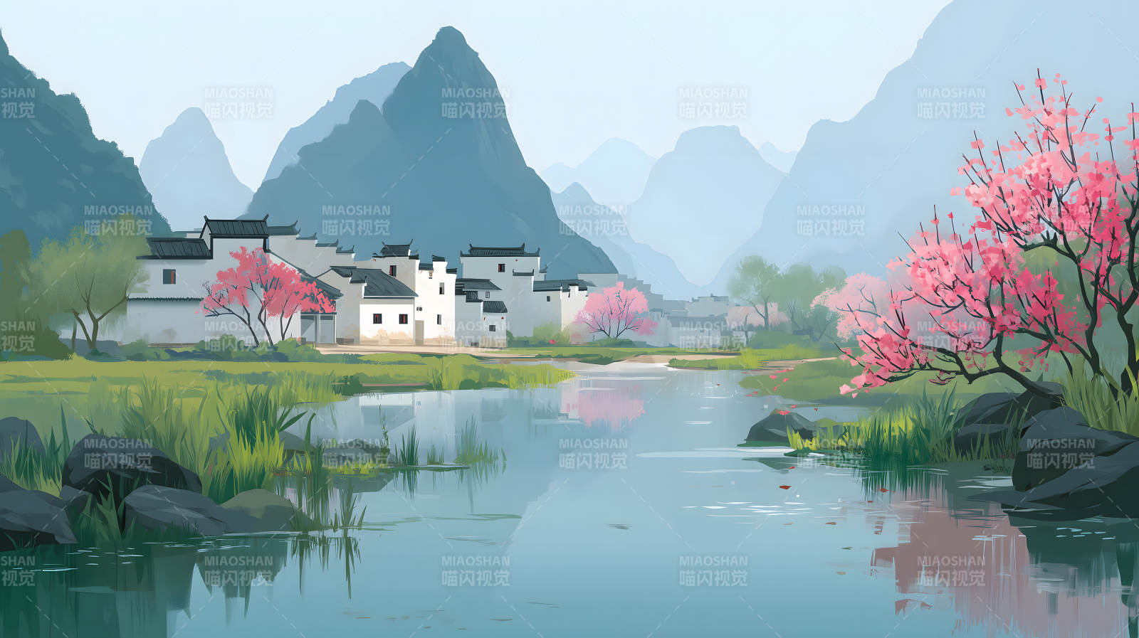 水墨山水田园风光静谧村落-图片