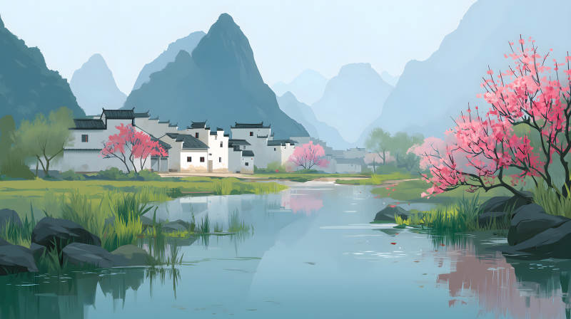 水墨山水田园风光静谧村落-图片