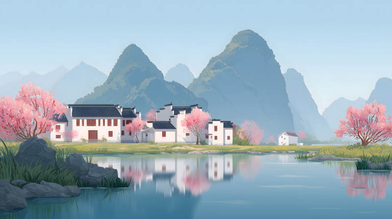 水边村庄风景如画樱花盛开-图片
