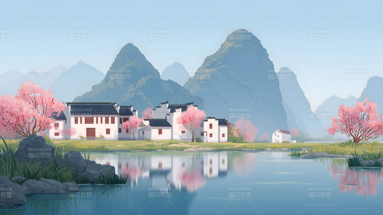 水边村庄风景如画樱花盛开-图片