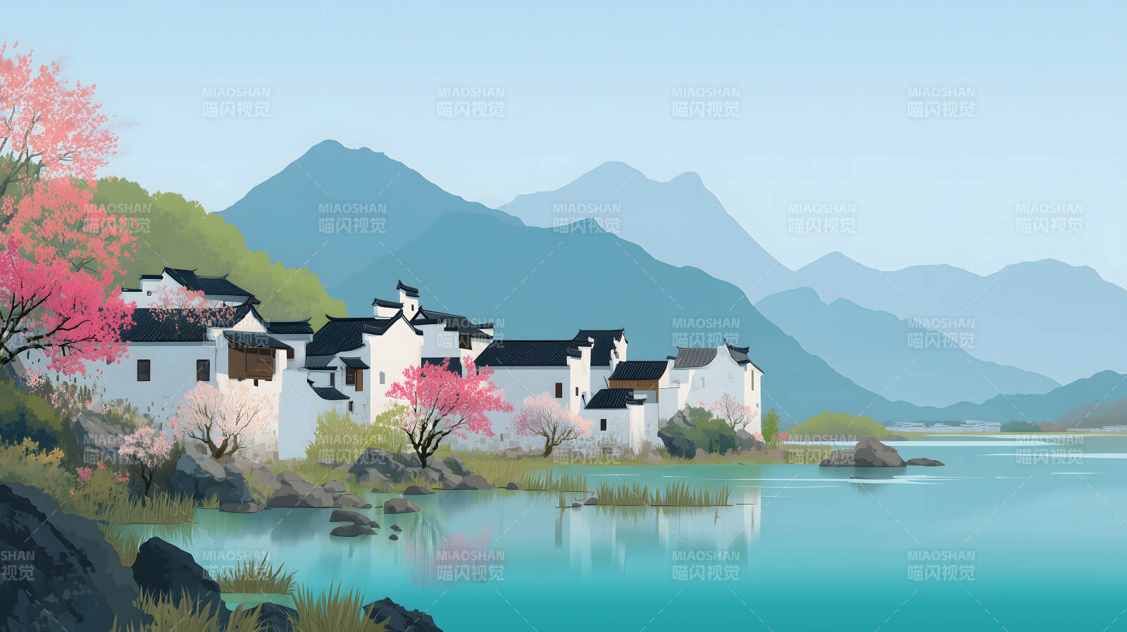 水乡风貌桃花盛开山水如画-图片