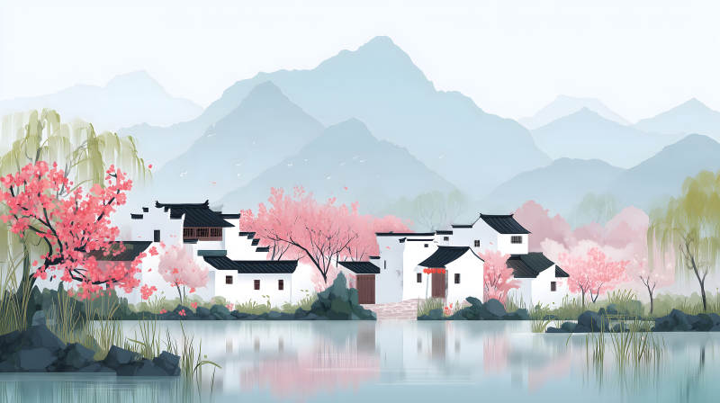 水乡风光粉色樱花山峦房屋-图片