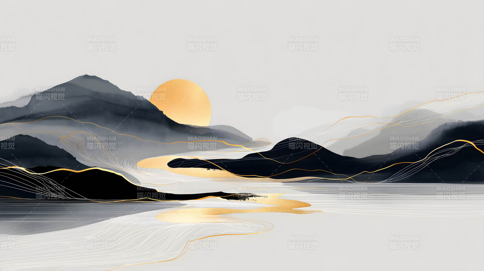 水墨山水意境金線裝飾-圖片