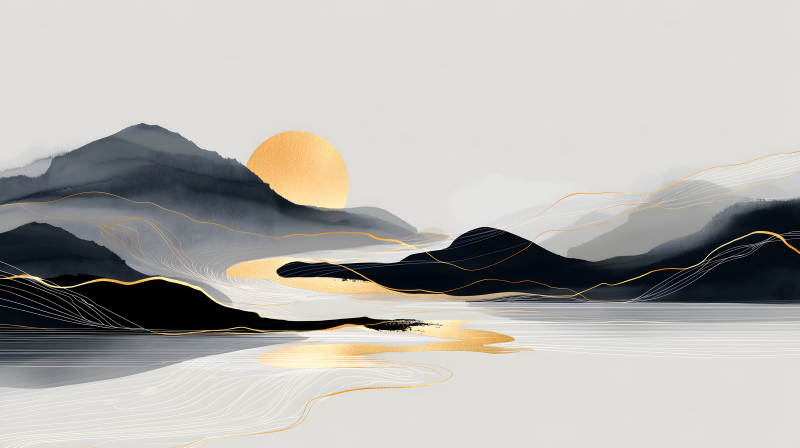 水墨山水意境金線裝飾-圖片