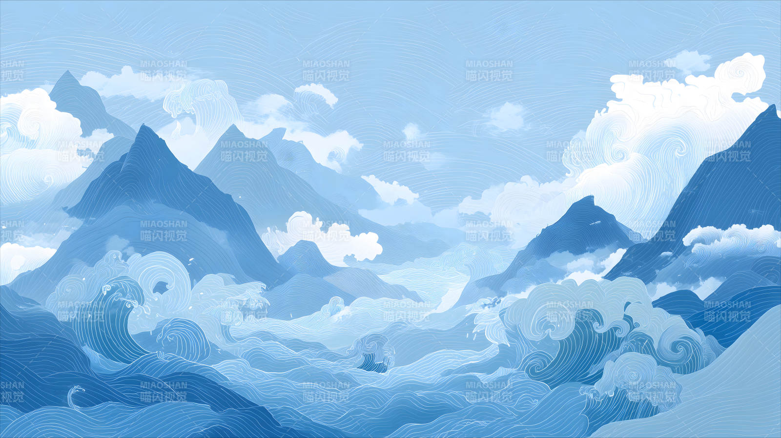 山水画卷云海飘渺波涛汹涌-图片