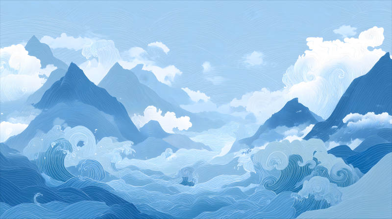 山水畫卷云海飄渺波濤洶涌-圖片