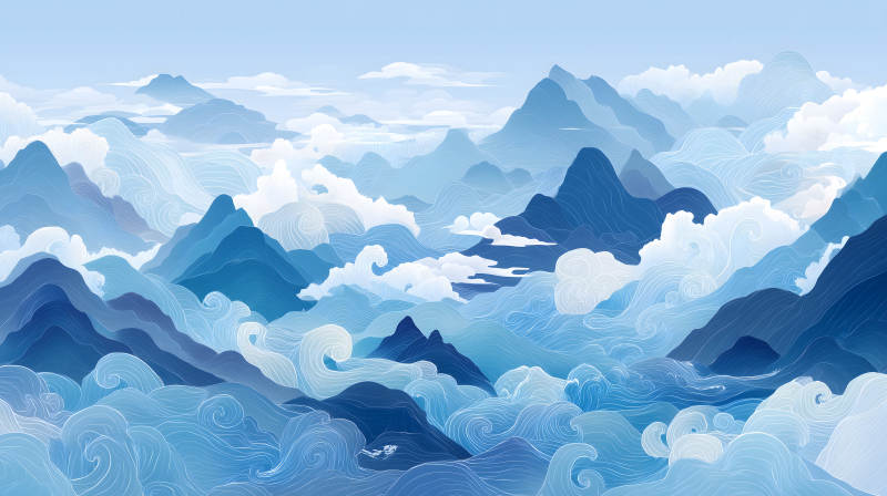 水墨山水畫縹緲云霧間-圖片