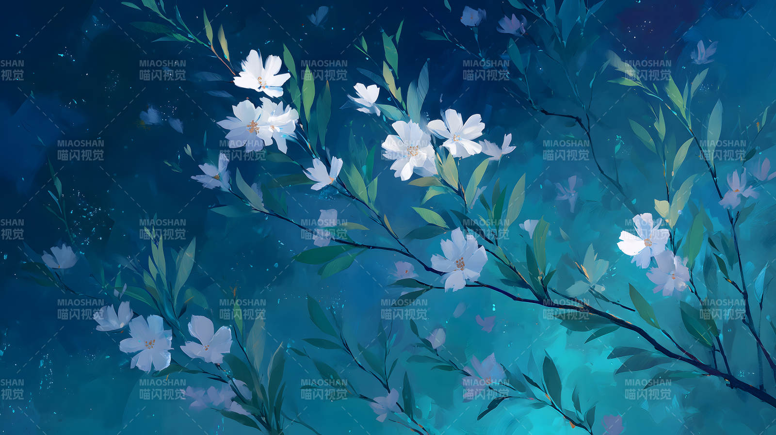 夜晚盛開的花朵在藍色的背景下-圖片