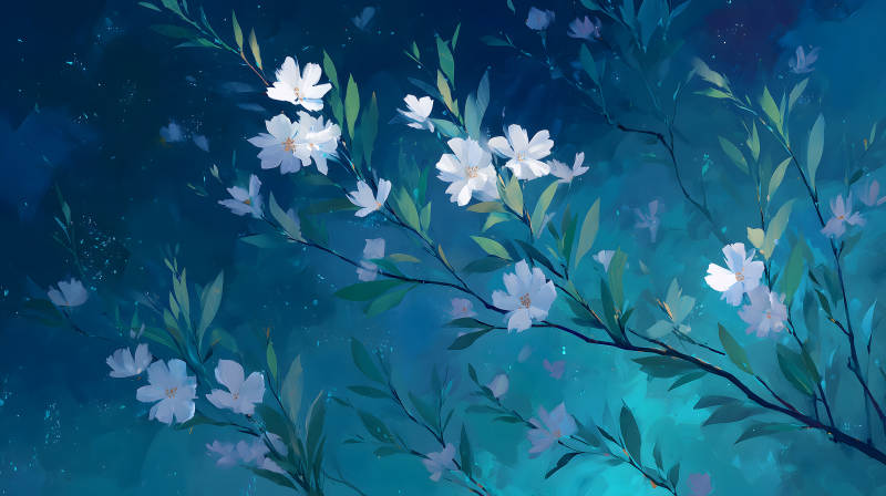 夜晚盛開的花朵在藍色的背景下-圖片
