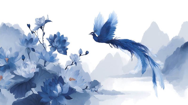 藍調仙鳥與蓮花山水畫-圖片