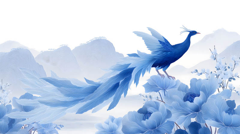 藍色鳳凰與山水花卉唯美意境-圖片