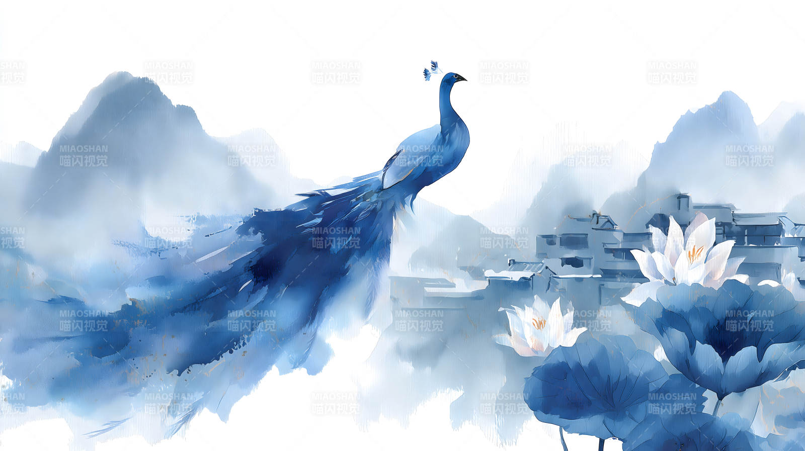 藍孔雀水墨畫唯美意境-圖片