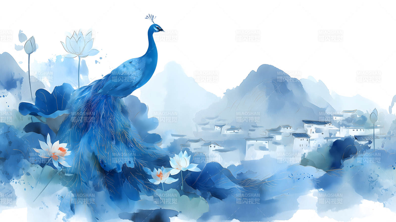 水墨藍孔雀山水畫卷-圖片