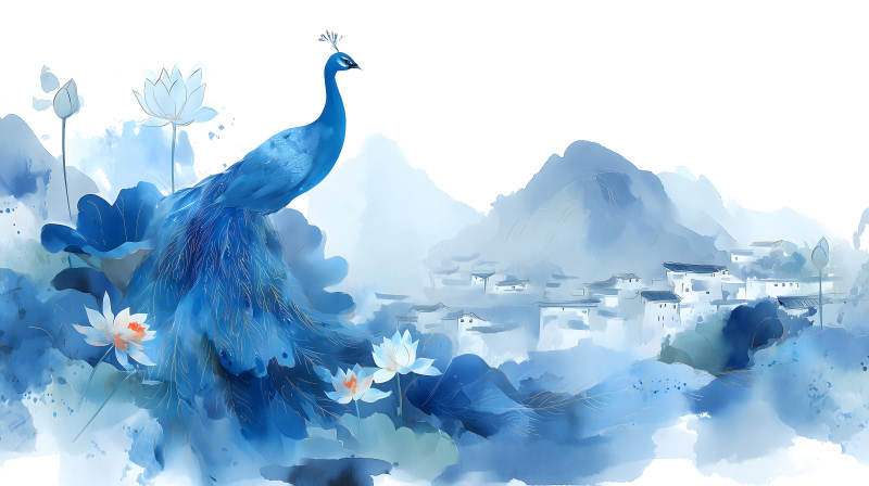 水墨藍孔雀山水畫卷-圖片