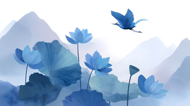藍色蓮花與飛鳥在山水間-圖片