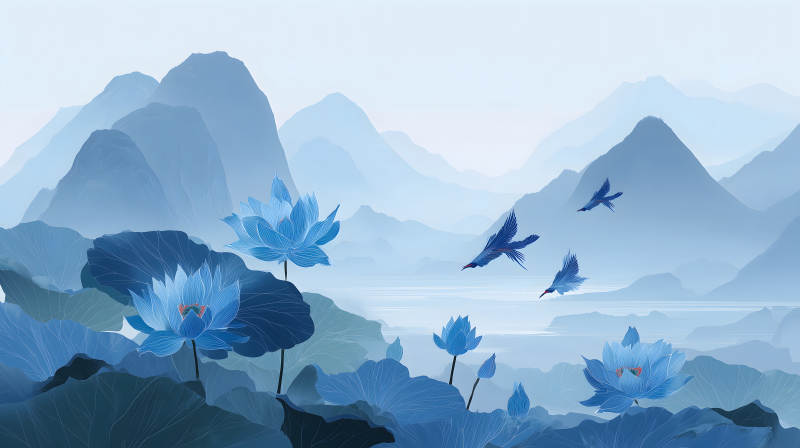 水墨風格的山水畫蓮花與飛鳥-圖片