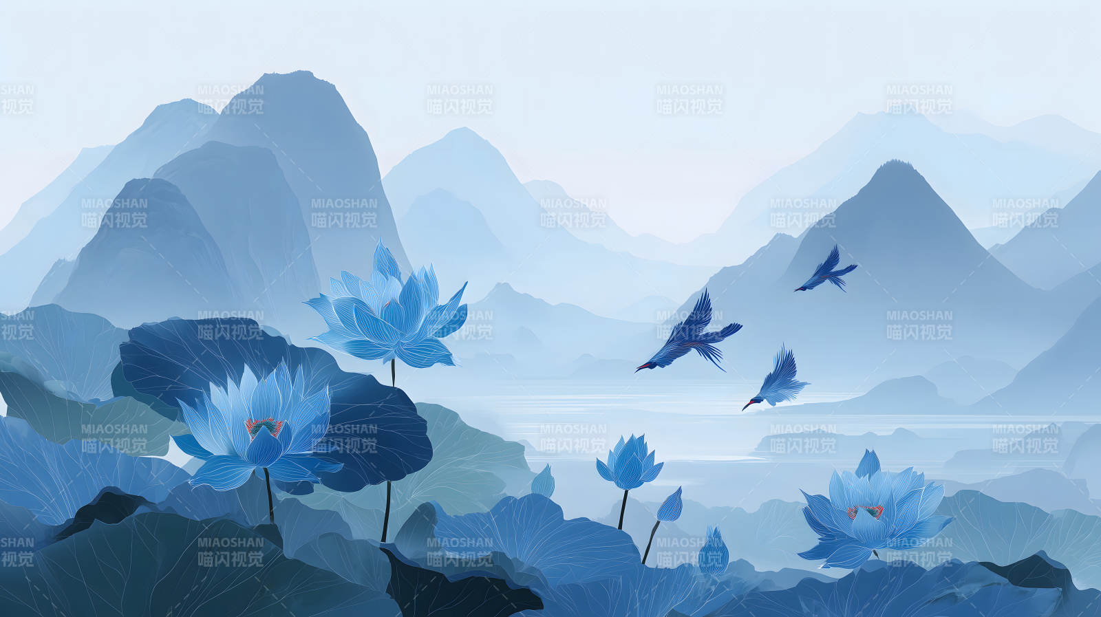 水墨風(fēng)格的山水畫蓮花與飛鳥-圖片