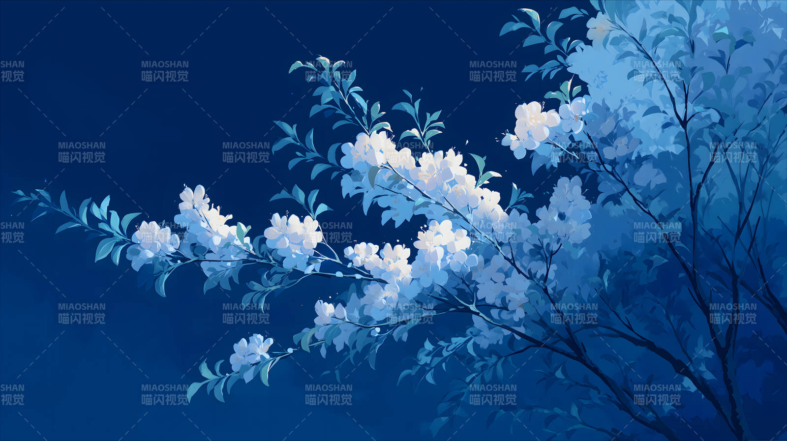 蓝色夜空下的花朵绽放景象-图片