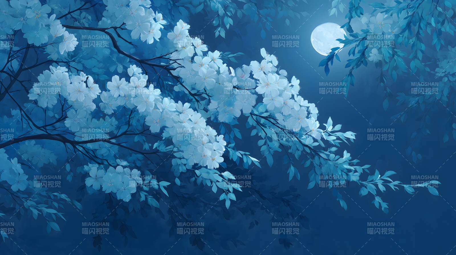 靜謐的月光下盛開的花朵-圖片