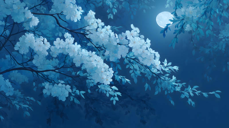 靜謐的月光下盛開的花朵-圖片
