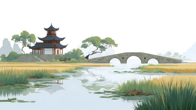 古風景色建筑橋梁水面倒影-圖片