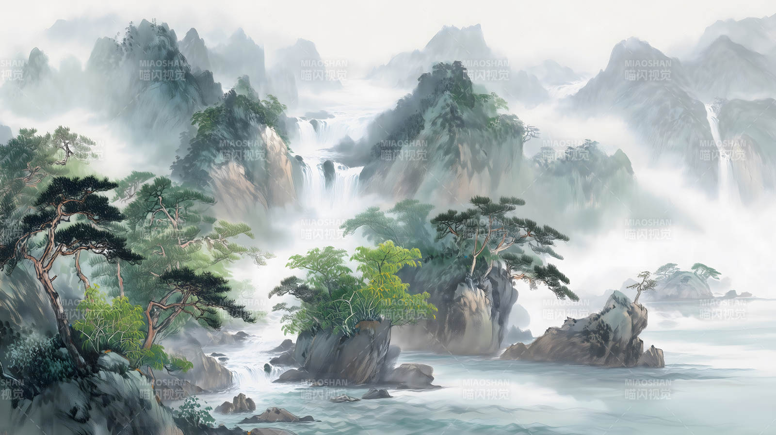 水墨山水畫(huà)云霧繚繞瀑布飛流-圖片