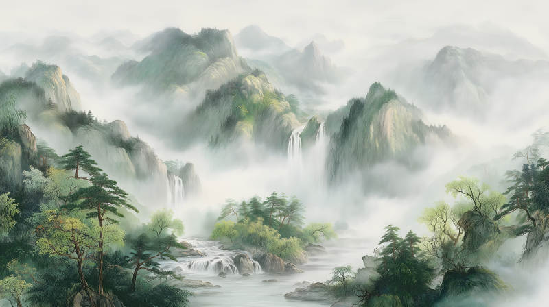 山水之間云霧繚繞瀑布流淌-圖片