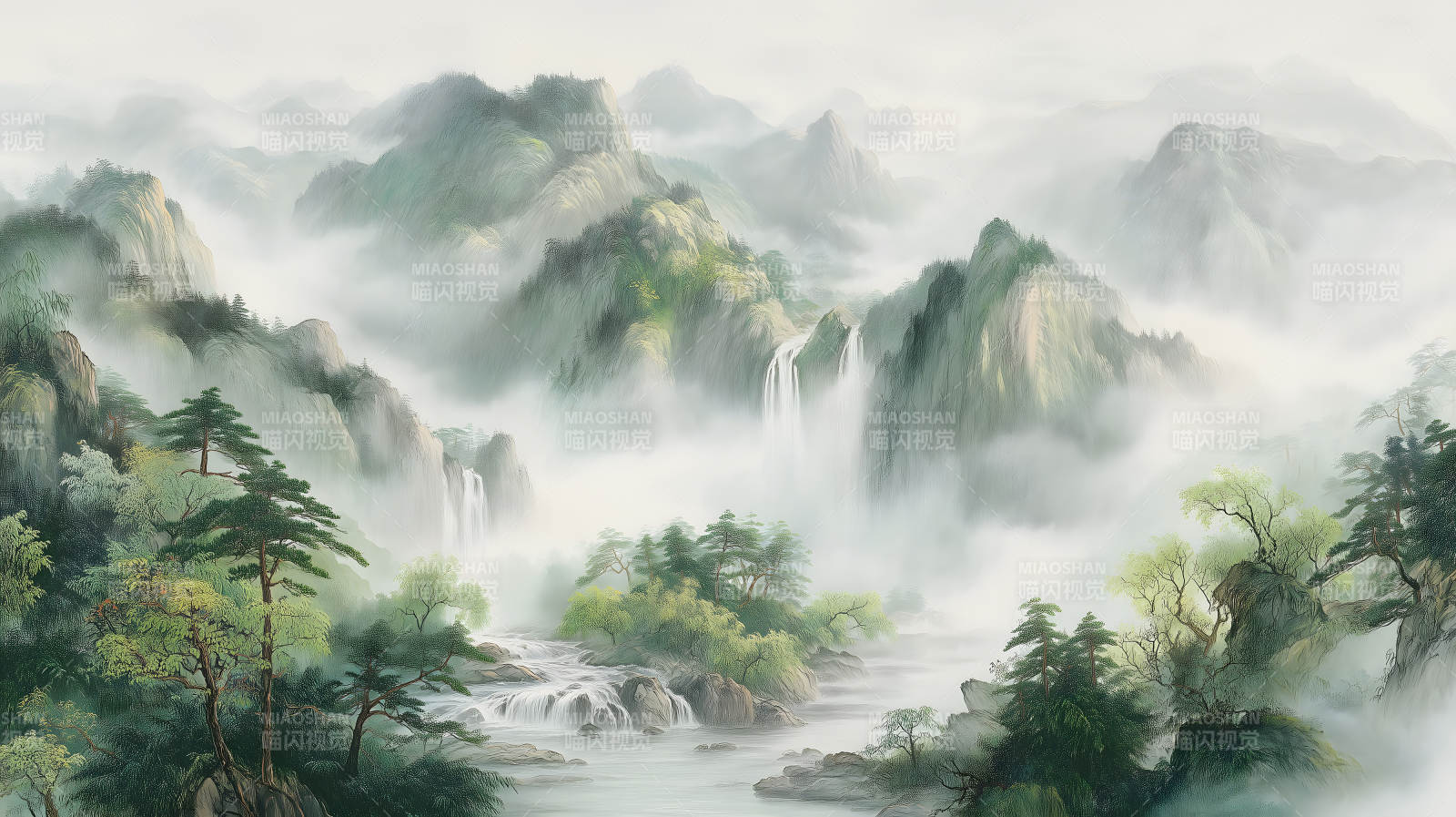 山水之間云霧繚繞瀑布流淌-圖片