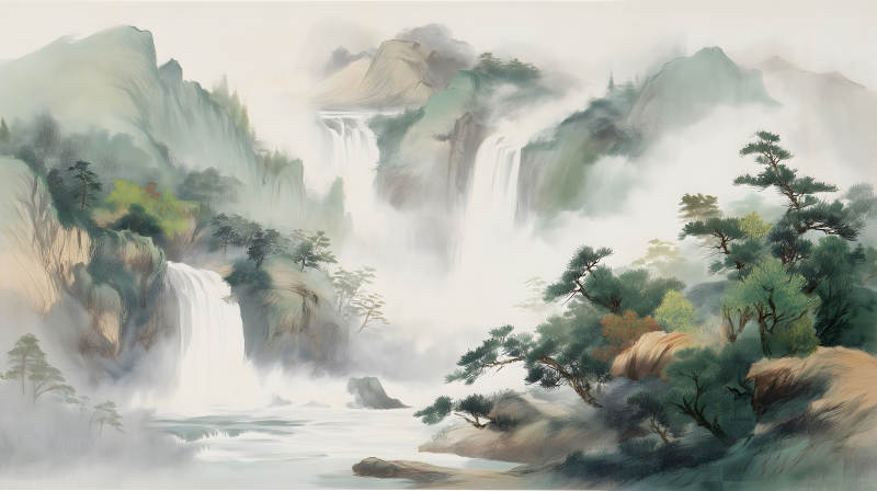 山水瀑布中國風唯美意境-圖片