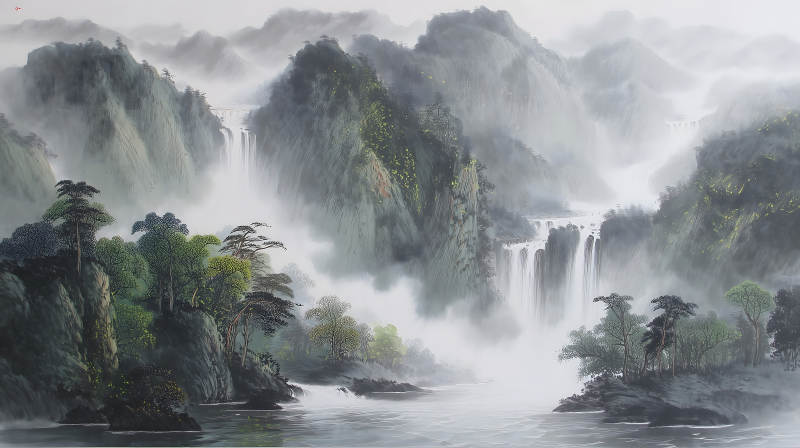 中國山水畫瀑布云霧景象-圖片