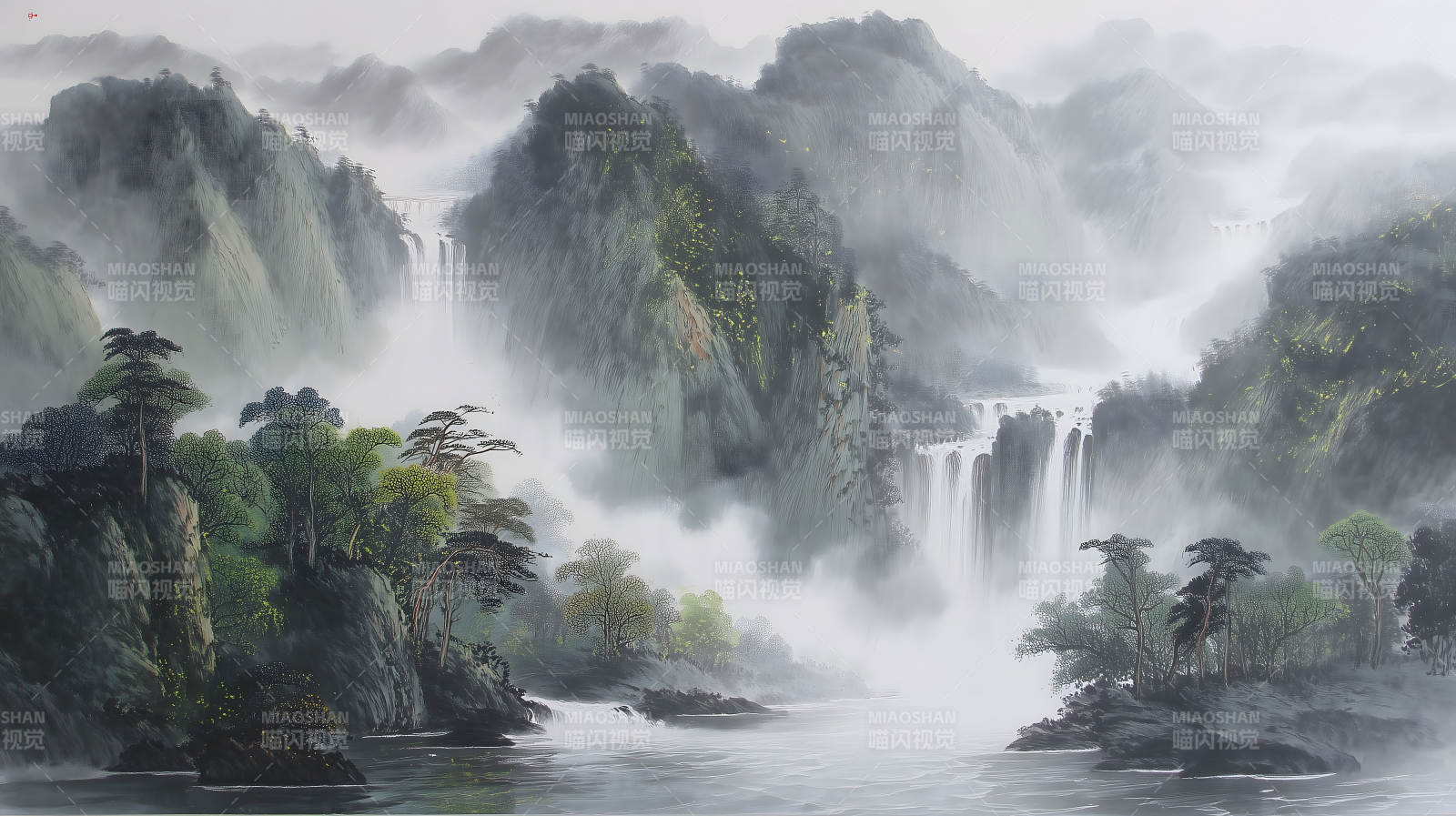 中國山水畫瀑布云霧景象-圖片