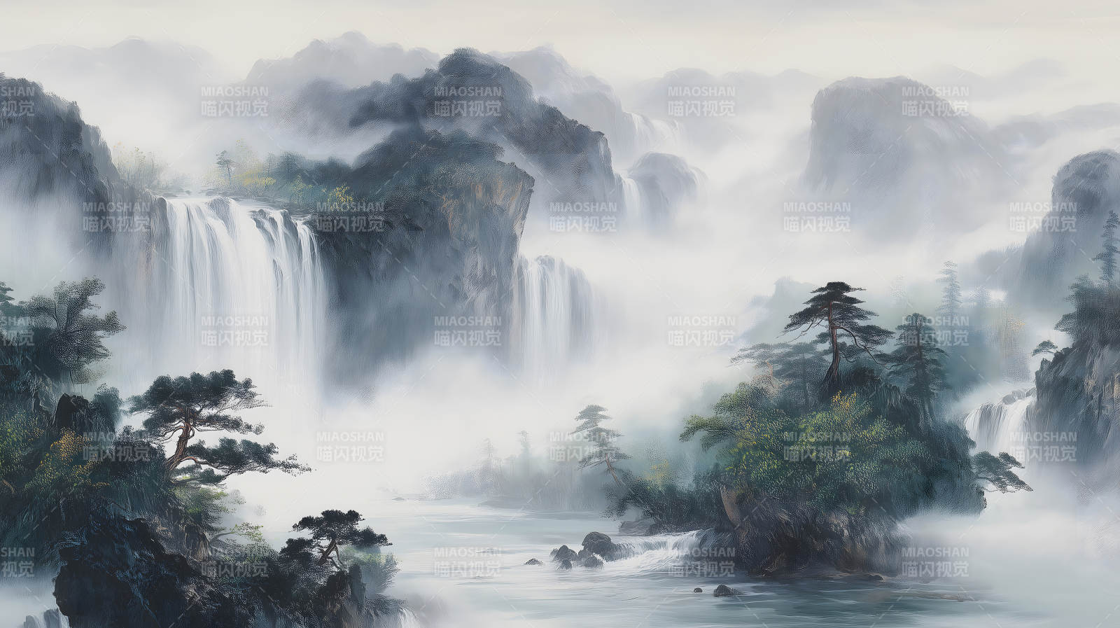 壯麗山水瀑布景象云霧繚繞圖片