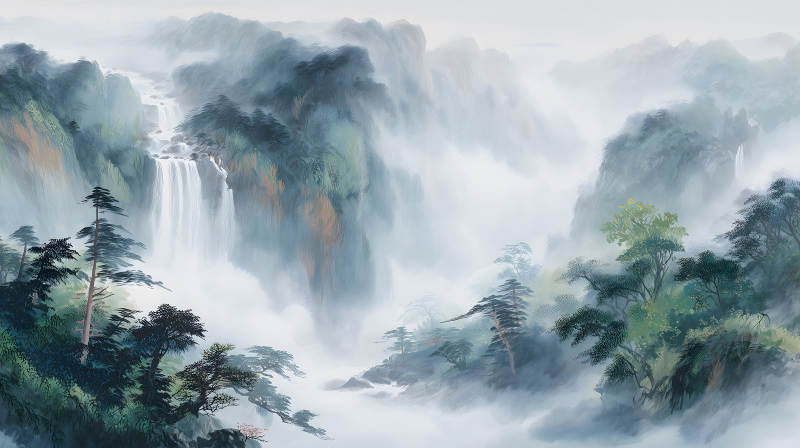 水墨山水畫瀑布云霧繚繞景色宜人-圖片