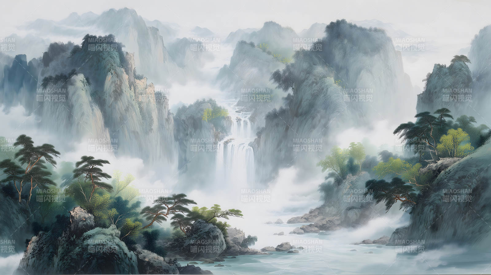 山水瀑布風景畫煙霧繚繞意境深遠-圖片