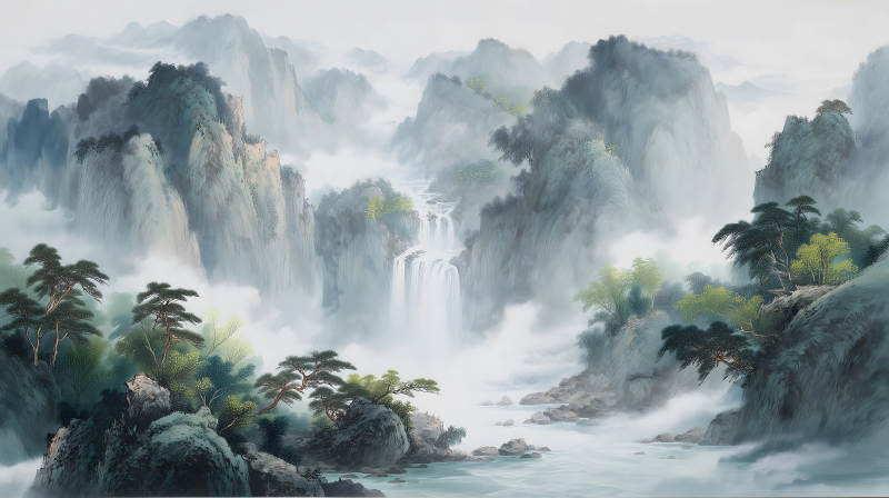 山水瀑布風(fēng)景畫煙霧繚繞意境深遠-圖片