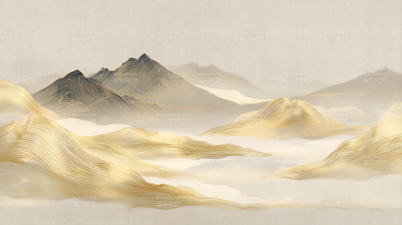 金色線條勾勒的山水畫-圖片