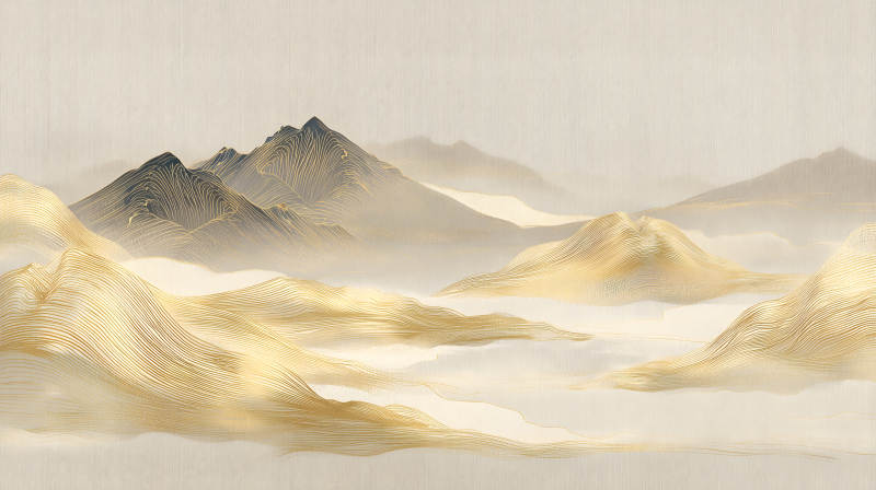 金色線條勾勒的山水畫-圖片