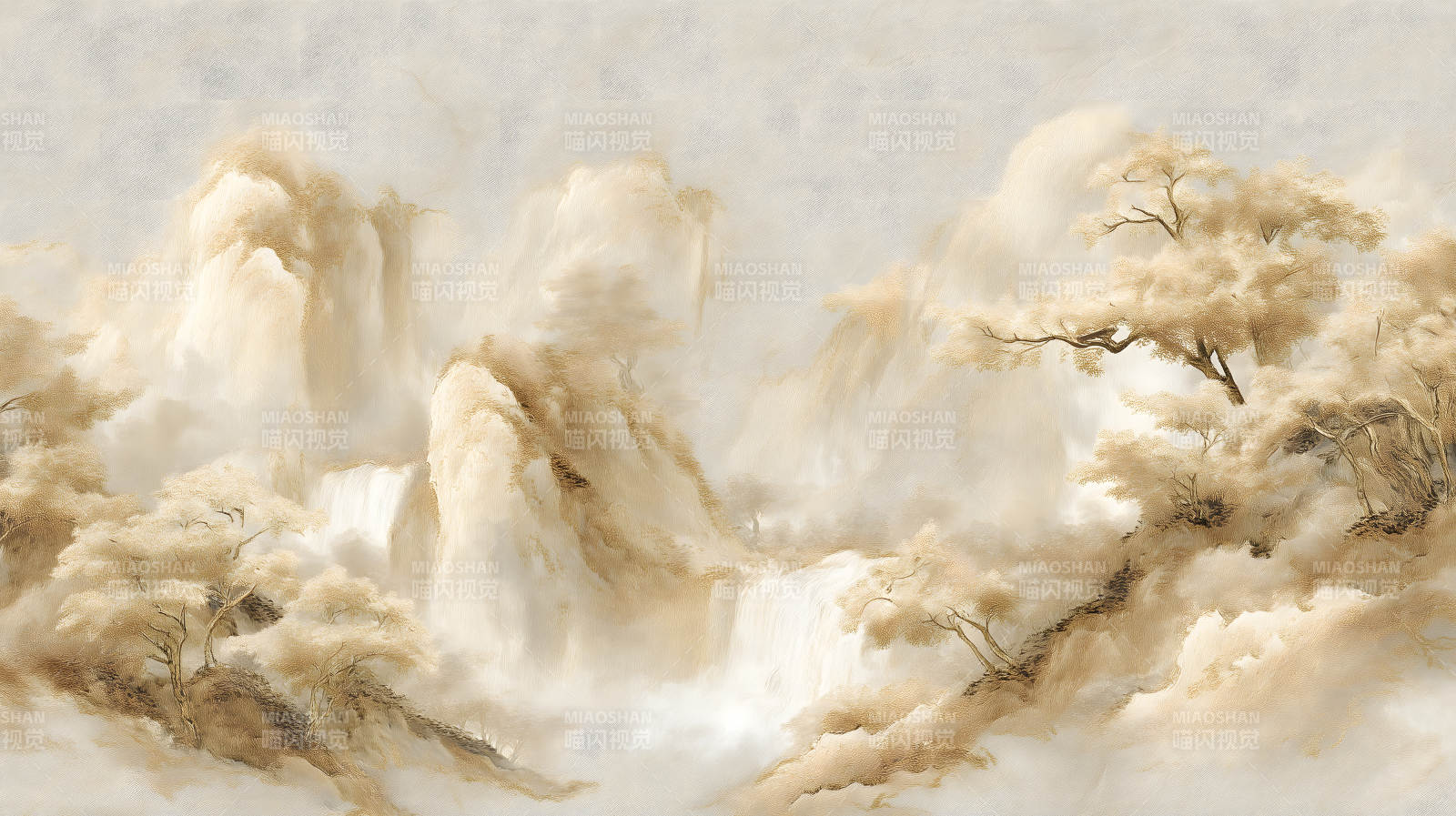 山水畫瀑布云霧彌漫-圖片