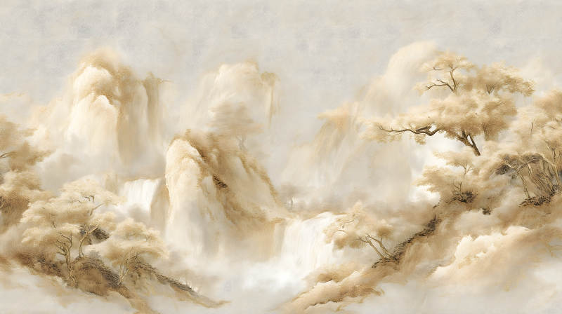 山水畫瀑布云霧彌漫-圖片