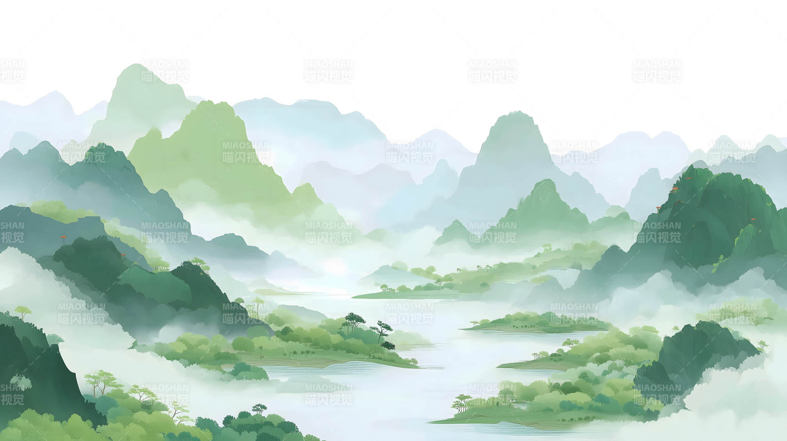 水墨山水畫意境悠遠云霧繚繞-圖片