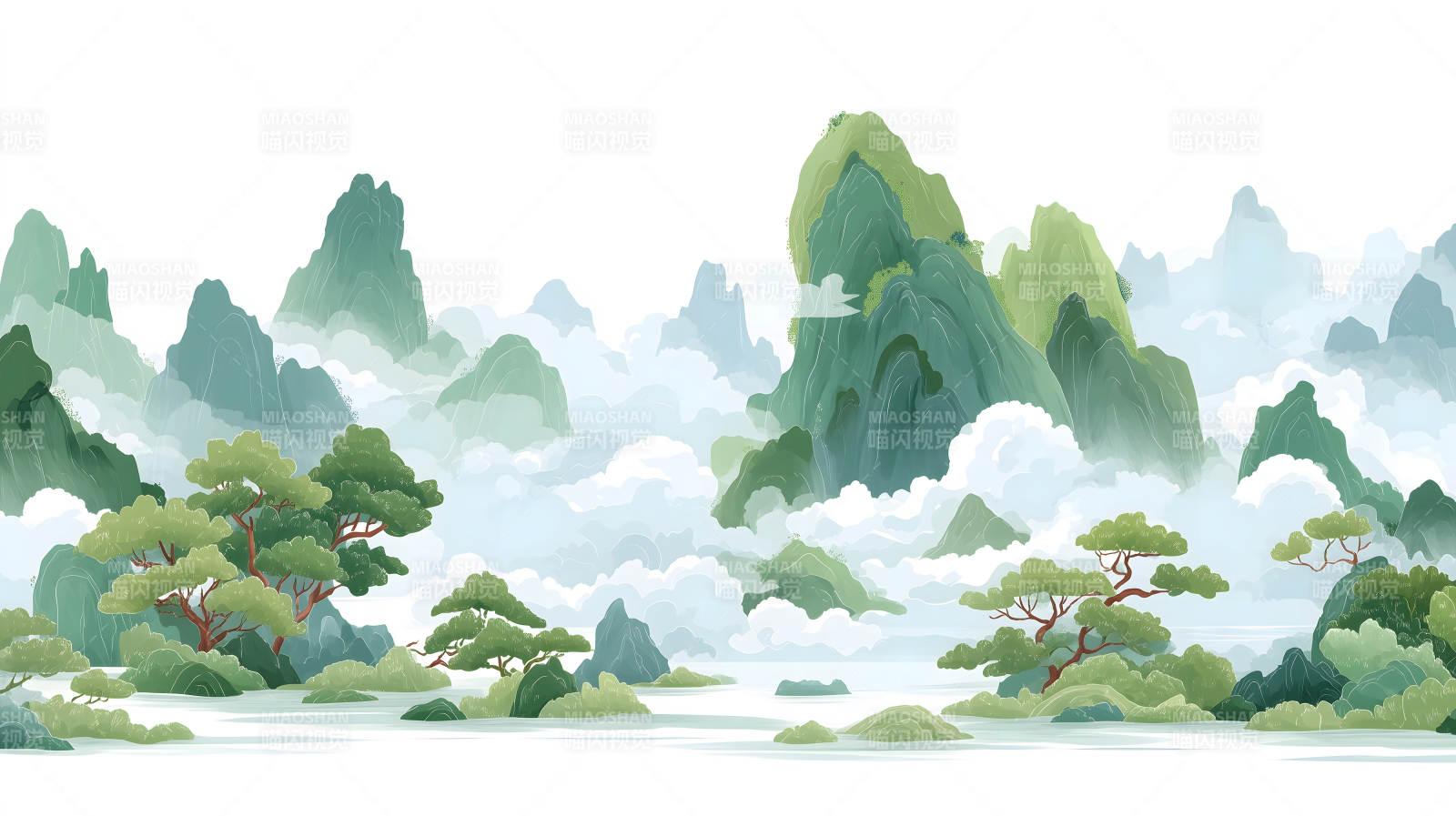 山水寫意風景畫云霧繚繞意境美-圖片