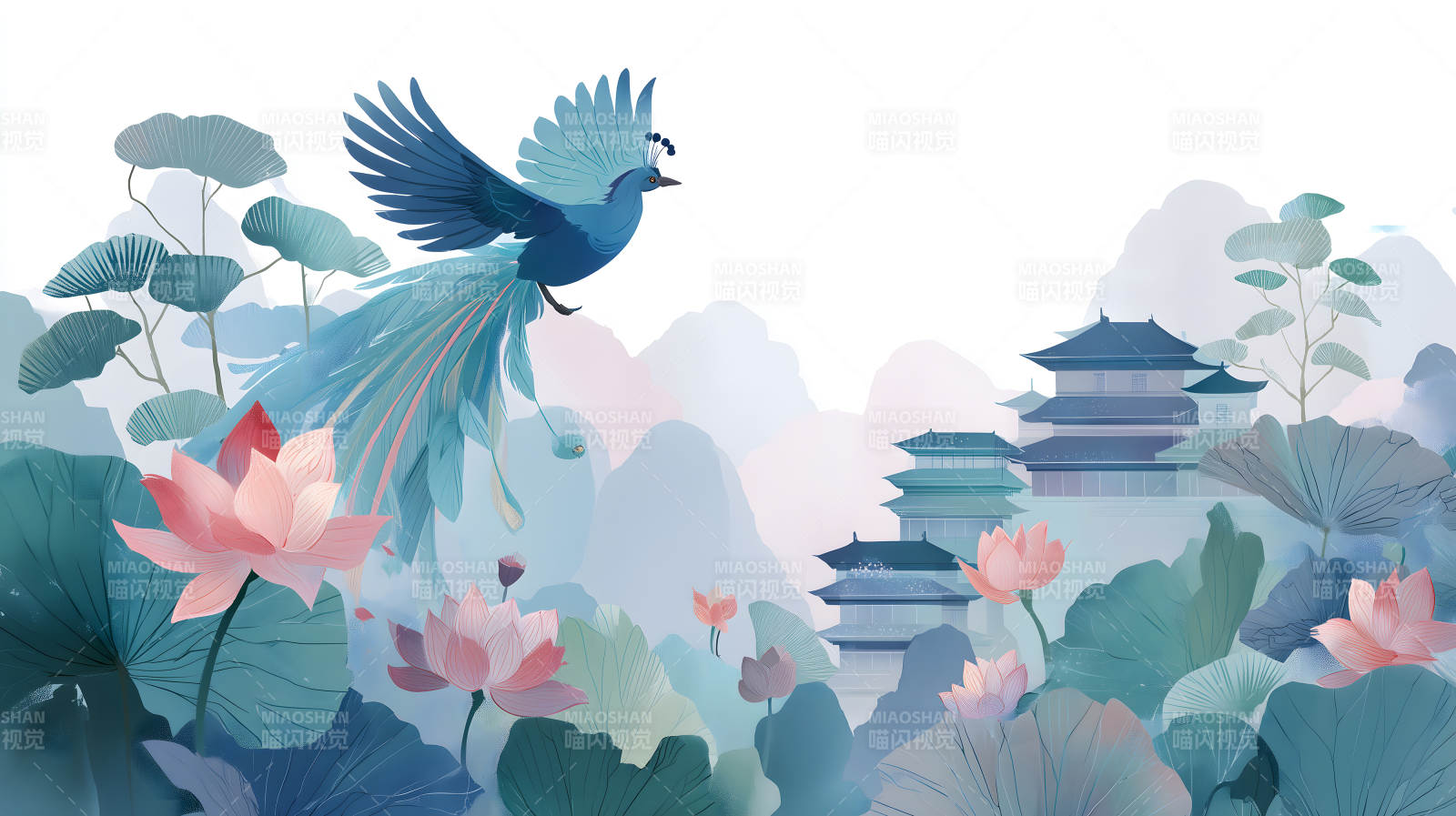 東方意境水墨畫風藍色飛鳥與荷花-圖片
