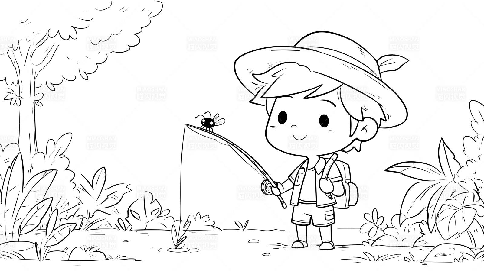 男孩釣魚卡通圖-圖片