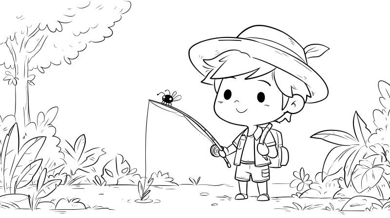 男孩釣魚卡通圖-圖片