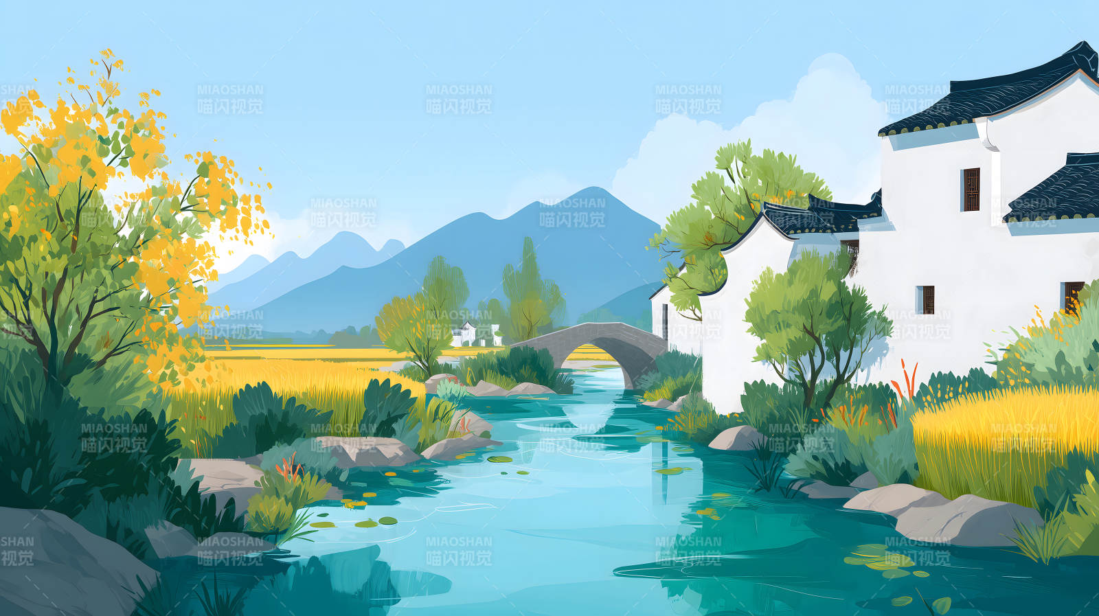 水鄉風光山水畫景色宜人-圖片