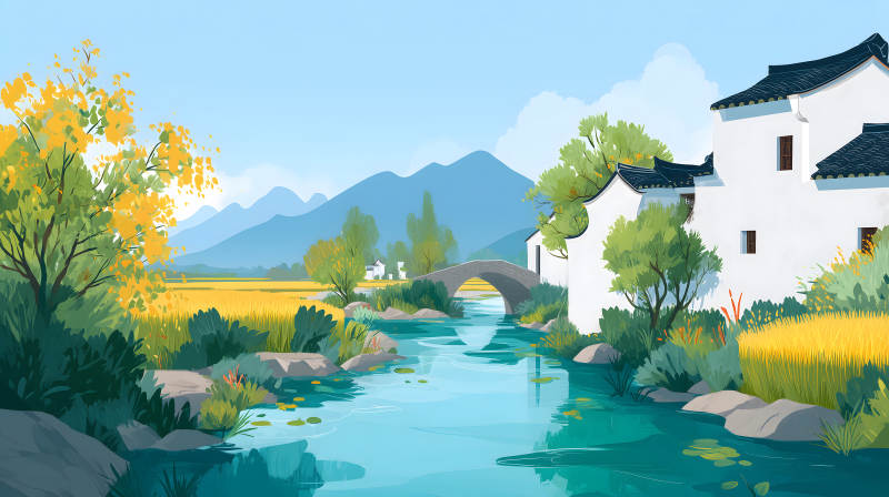 水鄉風光山水畫景色宜人-圖片