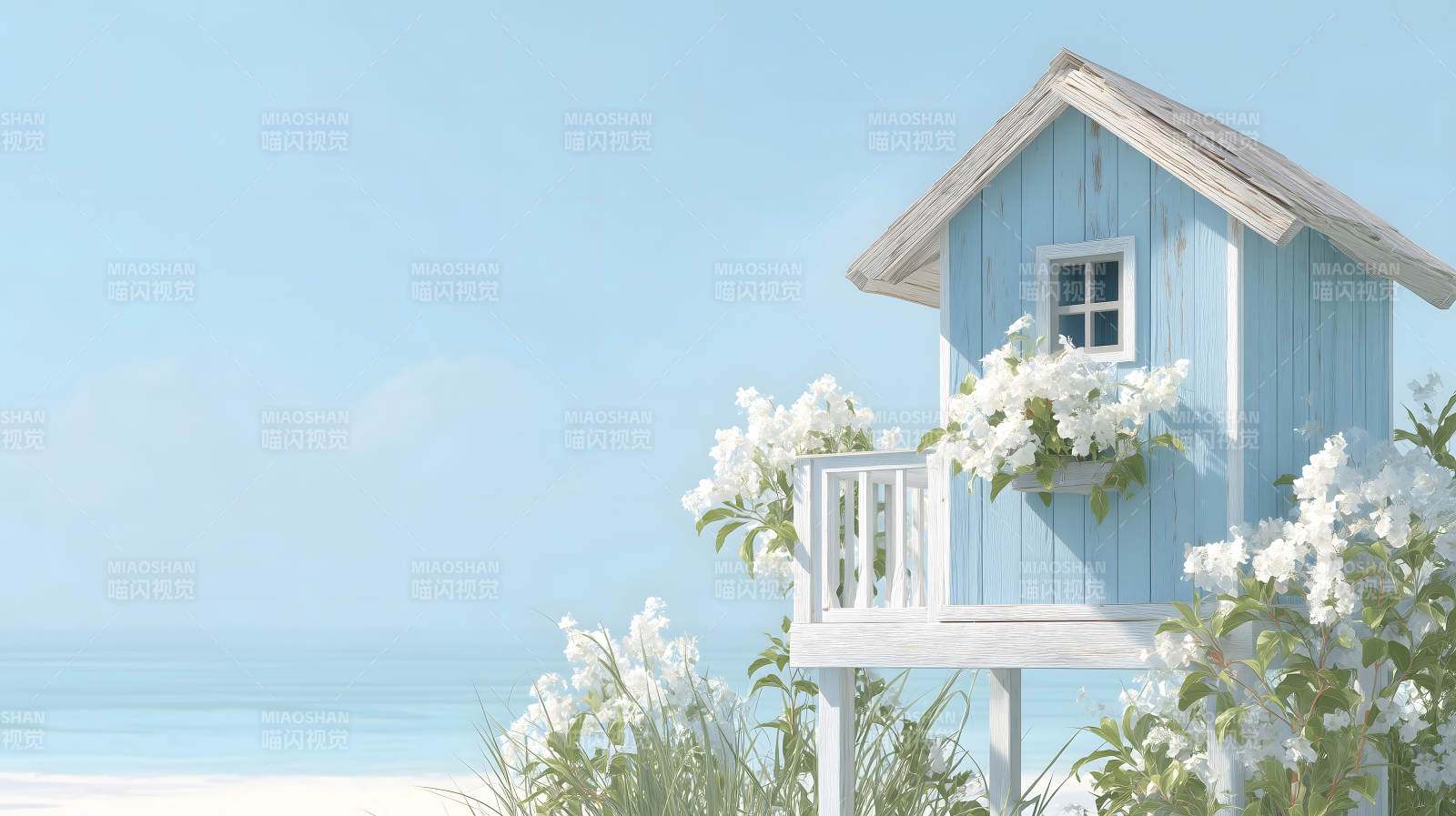 海邊小屋與鮮花-圖片