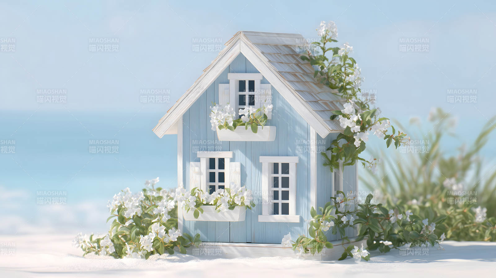 海邊小屋與鮮花盛開-圖片