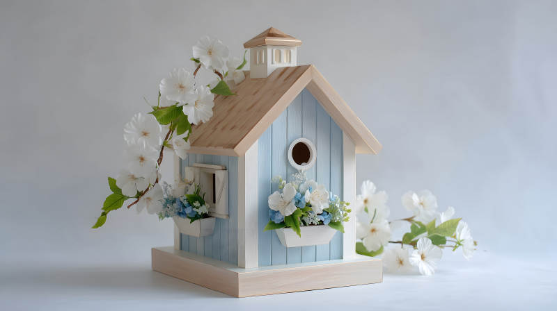 鳥舍與鮮花裝飾的靜物圖-圖片